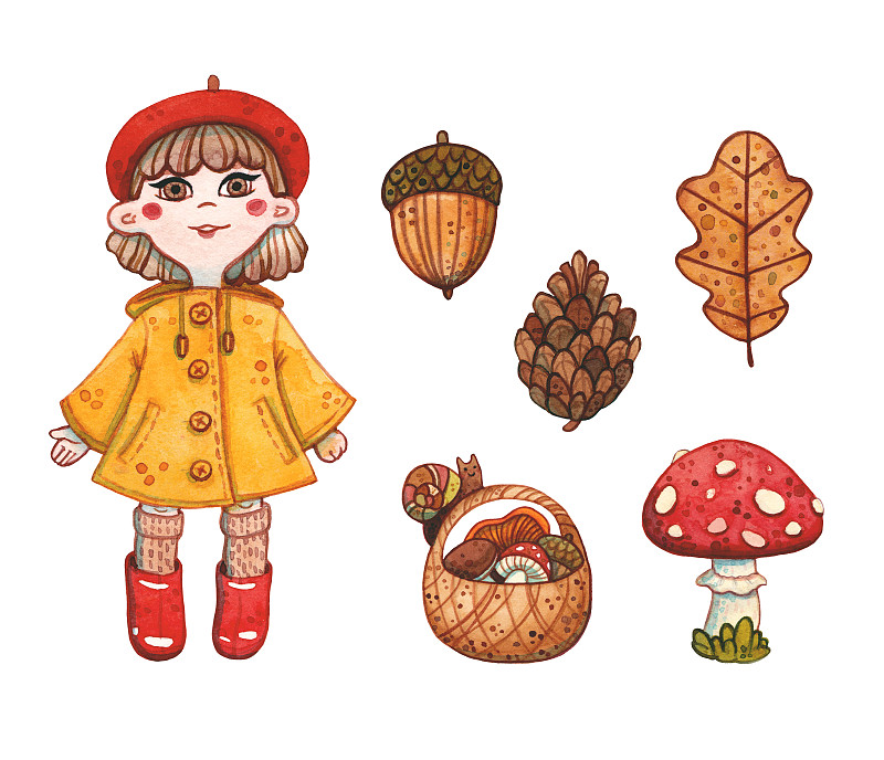 女孩,季节,秋天,蘑菇,可爱的,篮子,外套,水彩画颜料,背景分离,仅一个女孩