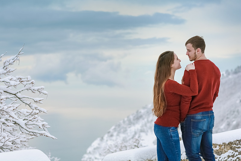 雪,女人,男人,青年伴侣,路,白色,有包装的,浪漫,户外,看