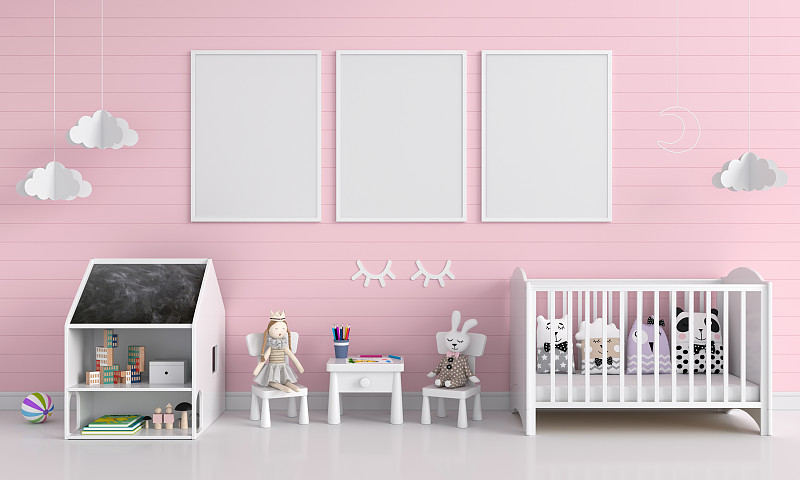 儿童,粉色,空白的,住宅房间,三个物体,边框,可爱的,行军床,空的,厚木板