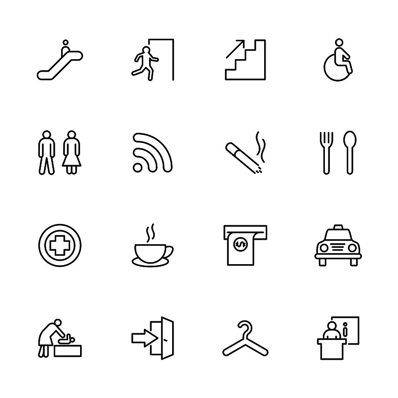 图标集,标志,成一排,咖啡杯,细的,儿童,电梯,自动取款机,建筑