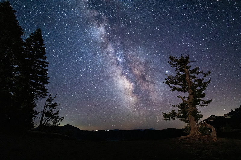 火山湖,俄勒冈州,银河系,在上面,美国西北太平洋地区,暗色,俄勒冈郡,户外,星系,夜晚