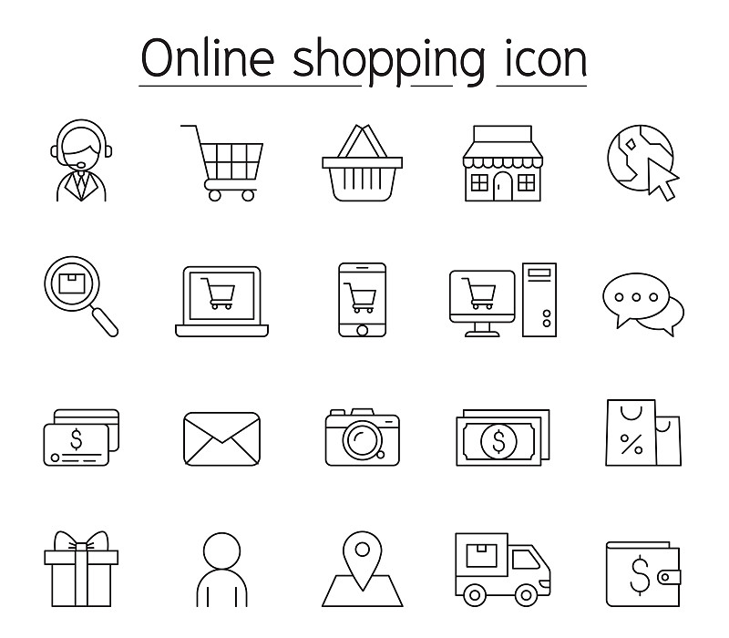 细的,图标集,网上购物,高雅,线条,泰国,顾客,呼叫中心