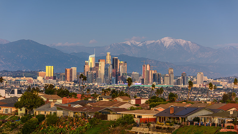 城市天际线,市区,洛杉矶,山,在之后,雪山,商务,城市生活,云景,交通