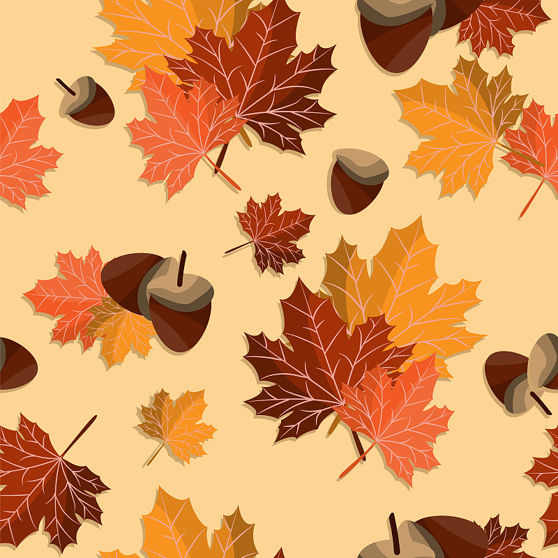 四方连续纹样,橡树果,绘画插图,秋天,矢量,褐色背景,枫叶,九月,十月,橙色
