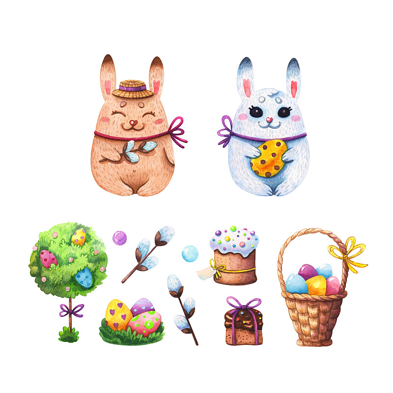 复活节,蛋糕,鸡蛋,兔子,柳树,枝,糖衣蛋糕,水彩画颜料,背景分离,甜点心
