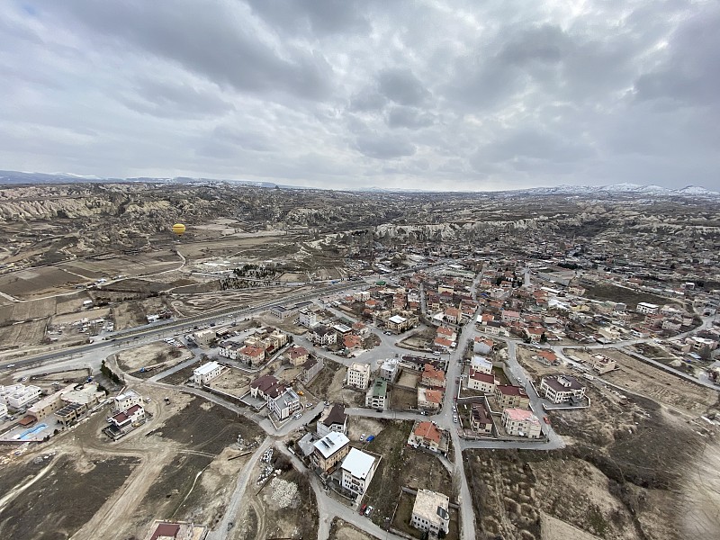 Turkey,Nev?ehir,Cappadocia,,Goreme,Balloons,panoramic,aerial,visual,fairy,chimneys,winter