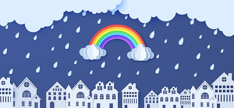 云,彩虹,建筑外部,房屋,矢量,雨,季候风,背景,天空,城市
