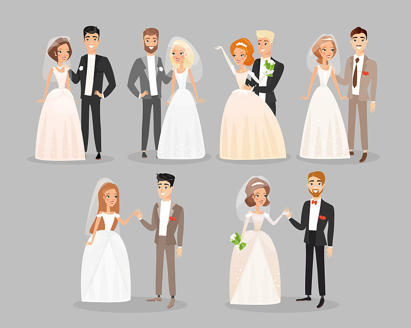 新婚夫妇,婚礼,女人,绘画插图,卡通,白色,公寓,男人,新娘,矢量