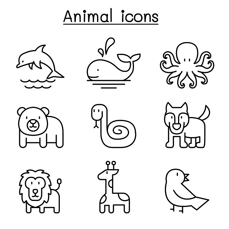 细的,动物,图标集,线条,高雅,可爱的,背景分离,概念象征,泰国,简单