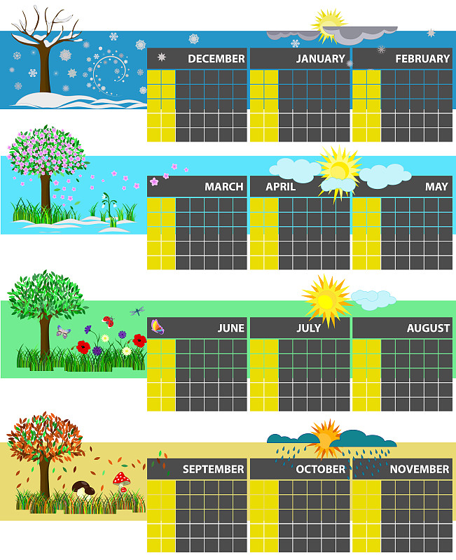 春天,夏天,四季,秋天,冬天,日历,茶水间,背景聚焦,脐钉,调整