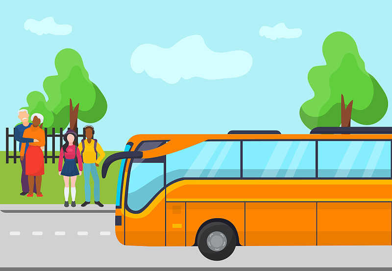 巴士,绘画插图,黄色,人,男人,矢量,等,老年人,乘客,站