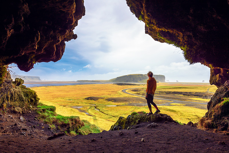 洞穴,徒步旅行,维克,冰岛国,格林威治村,旅途,仅男人,仅一个男人,不关心,户外
