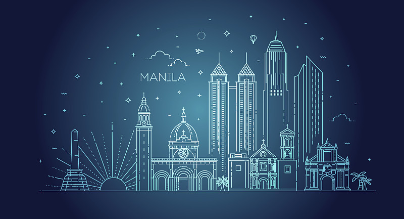 菲律宾,矢量,城市天际线,马尼拉,线条,模板,细的,现代,乡村风格,户外