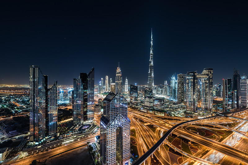 夜晚,迪拜,城市天际线,航拍视角,交通,波斯湾,商业金融和工业,户外,建筑,高峰时间