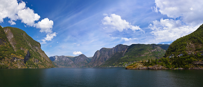 全景,挪威,松恩峡湾,斯堪的纳维亚半岛,世界遗产,云,渡轮,池塘,客轮,河流