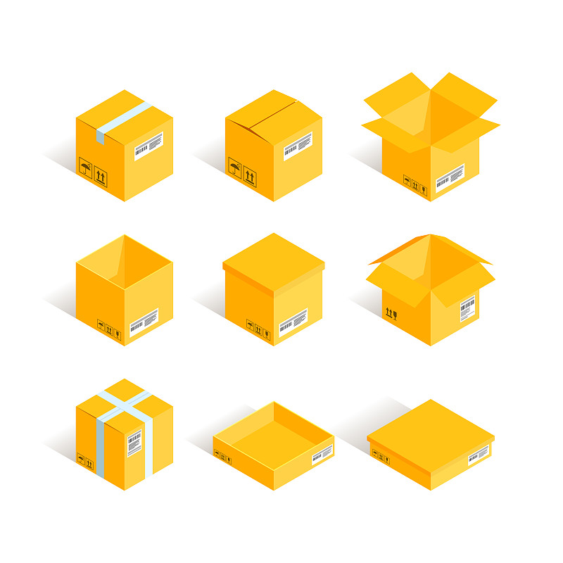 黄色,盒子,有序,背景分离,模板,阴影,三维图形,白色,小心轻放,货物集装箱
