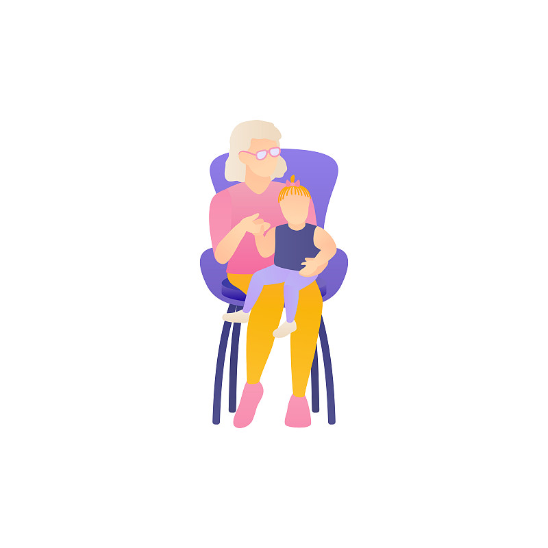 孙辈,祖母,矢量,绘画插图,平坦的,背景分离,家庭,孙女,椅子,拿着