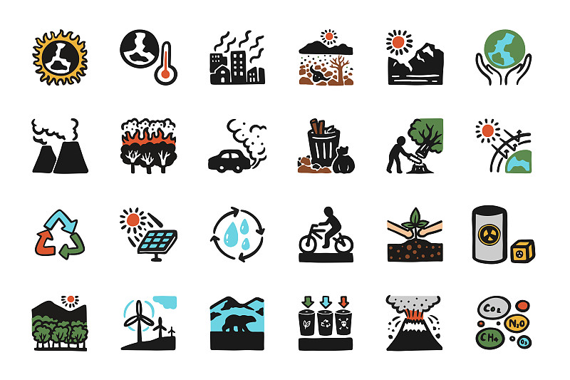 图标集,全球变暖,可再生能源,汽车,环境,泰国,北极熊,垃圾,风轮机