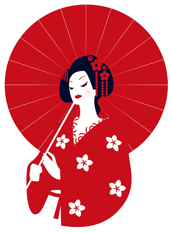 和服,伞,圆形,艺妓,红色,符号,矢量,手,绘画插图,日本