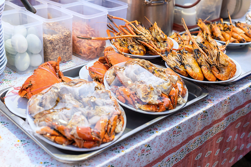 格子烤肉,泰国,海产,商店,螃蟹,虾,水上市场,夜功,传统,蔬菜