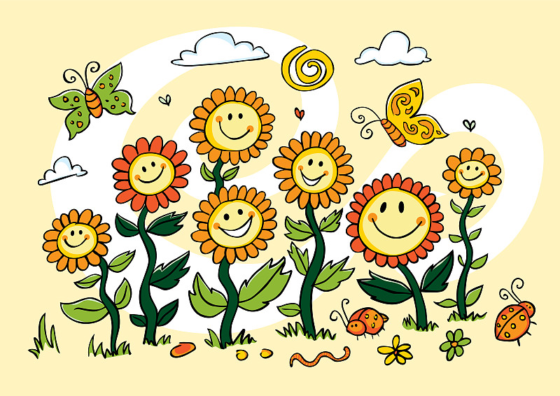 贺卡,向日葵,绘画插图,卡通,矢量,多色的,黄色,环境,云,天气