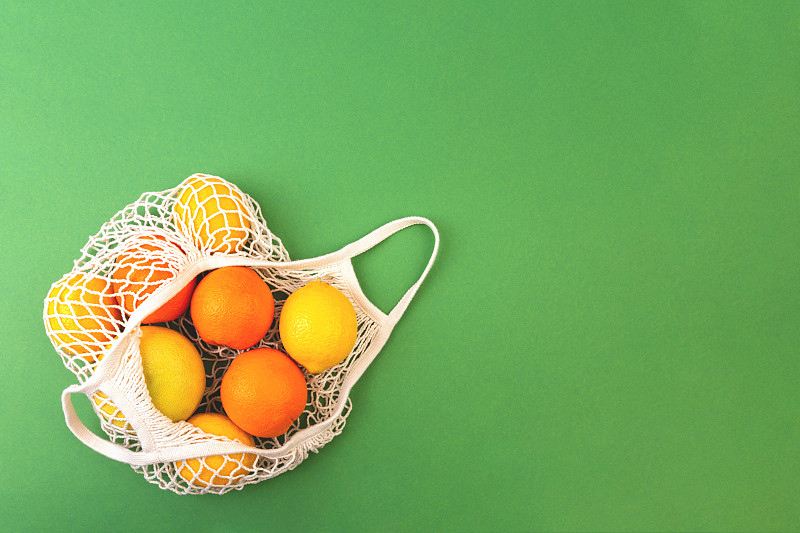 橙子,柠檬,水果,概念,网,回收再利用,绿色背景,零浪费,数字0,食品
