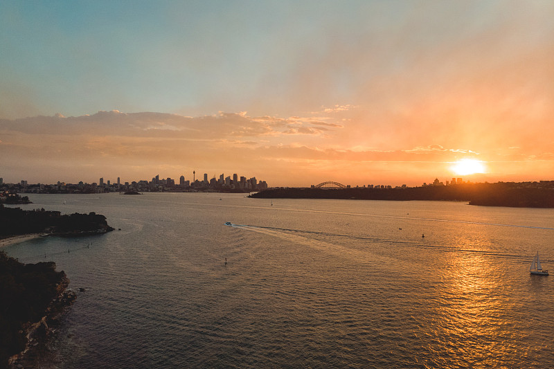 国际著名景点,悉尼港湾,无人机,悉尼港桥,悉尼歌剧院,城市天际线,航拍视角,悉尼,海港,云
