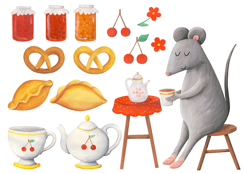 饮料,茶,可爱的,绘画插图,鼠,水粉画,百吉饼,茶叶,绿茶,红茶