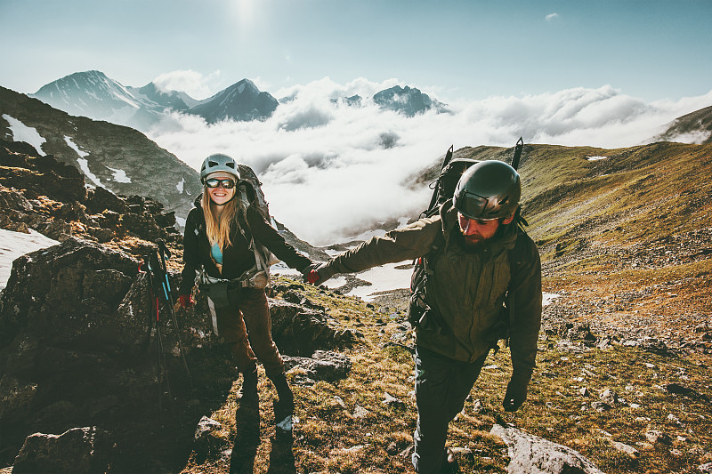 幸福,生活方式,山,徒步旅行,女人,伴侣,男人,手牵手,爱,旅行