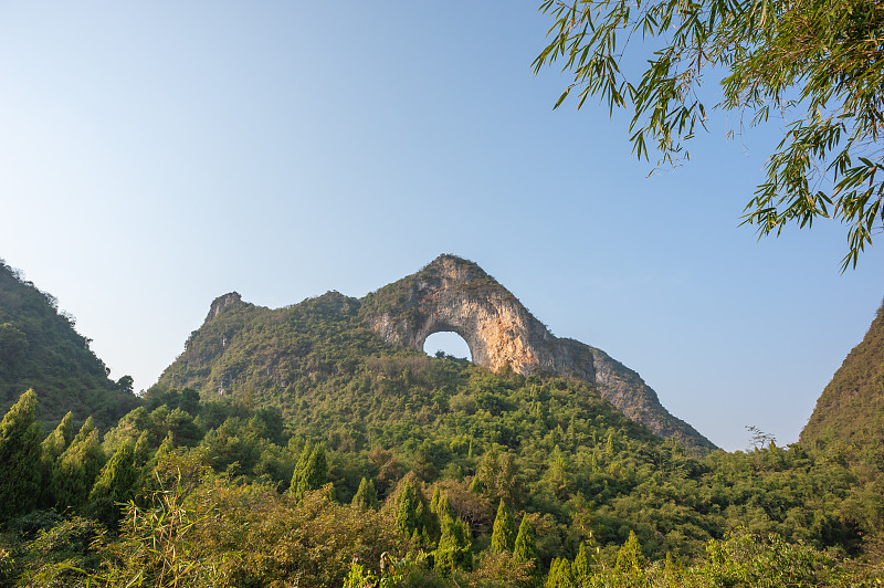 喀斯特,阳朔,自然拱,月丘,旅途,洞,桂林,曙暮光,环境,石灰石