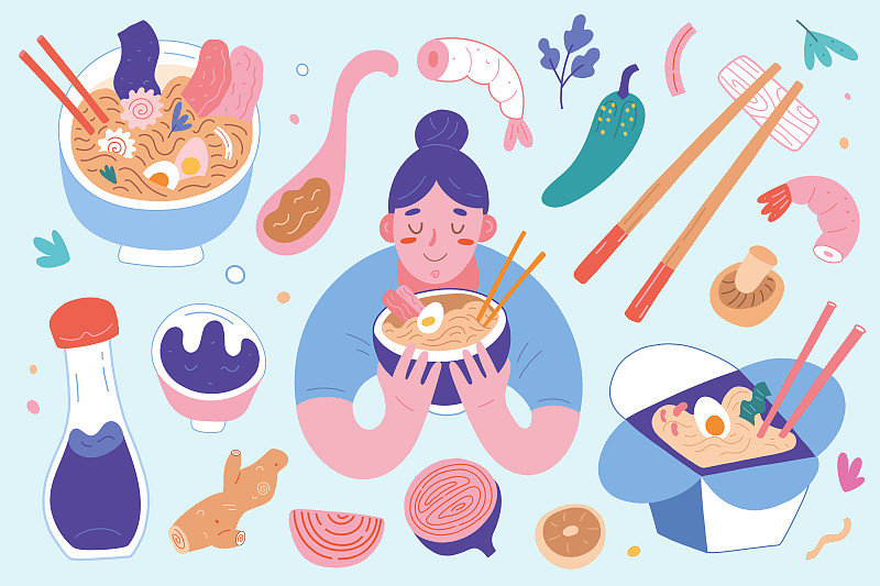 日本食品,肉汤,绘画插图,卡通,亚洲,碗,筷子,面条,面汤,矢量