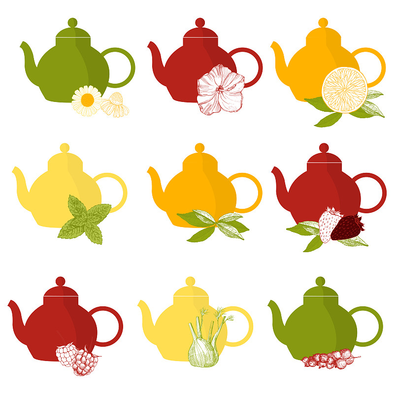 绘画插图,茶壶,矢量,花茶,饮料,茶,茶叶,热,健康保健,清新