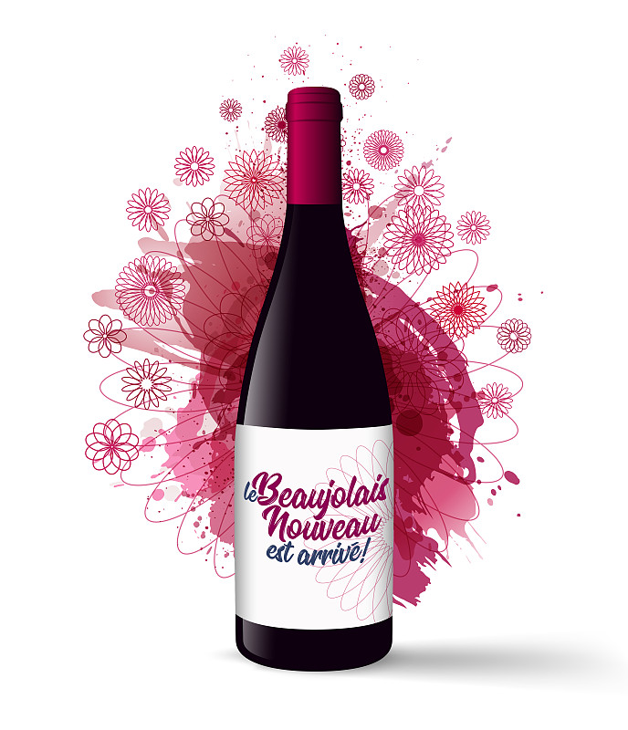 Realistic,illustration,of,a,wine,bottle,with,the,text,in,French,"le,Beaujolais,Nouveau,est,arrivé",,the,new,Beaujolais,has,arrived.,background,wine,stains,and,illustration,of,flowers,with,geometric,lines
