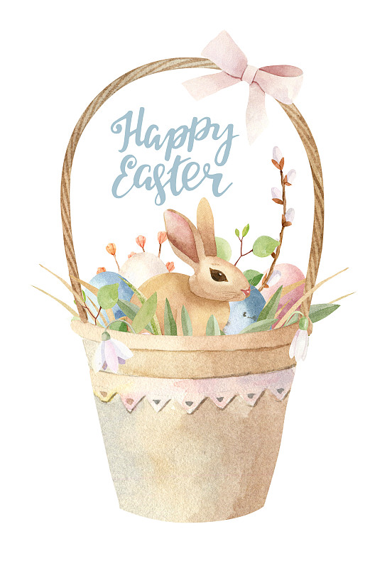 篮子,复活节,春天,绘画插图,小兔子,水彩画,手工着色,可爱的,贺卡,水彩画颜料