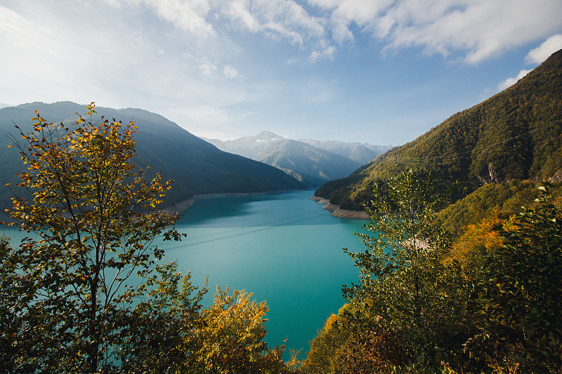 水库,山脉,秋天,青绿色,格鲁吉亚,环境,云,自然美,湖,河流