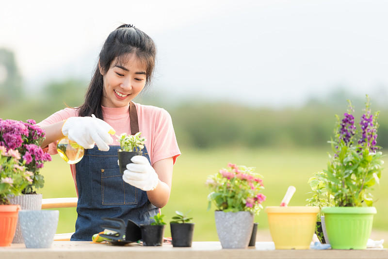 Young,woman,care,plant,flower,in,garden.,Asian,people,hobby,and,freelance,gardening,outdoor,sunny?,nature,background.,Happy,and,enjoy,in,spring,and,summer,day.?,Lifestyle,Concept