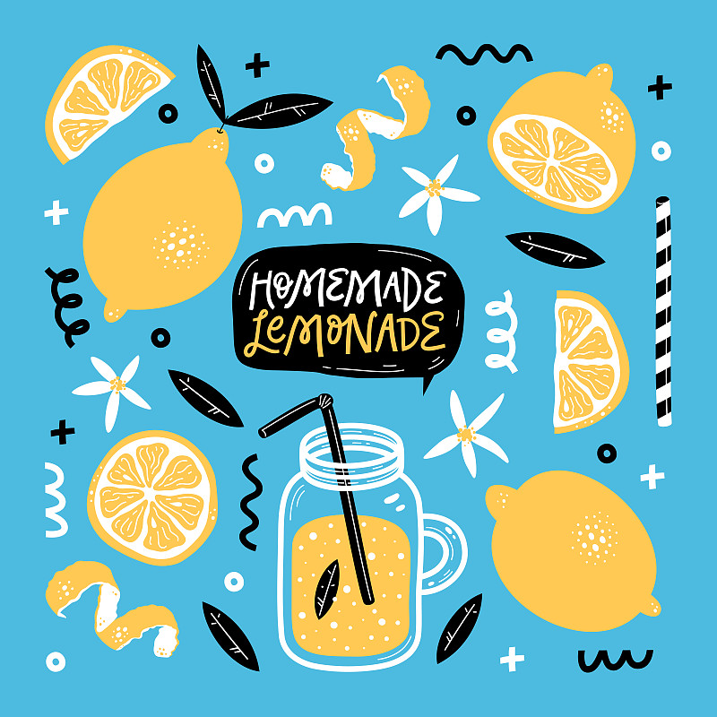 柠檬苏打水,夏天,绘画插图,文字,柠檬水,矢量,手,柠檬蛋糕,广口瓶,布置