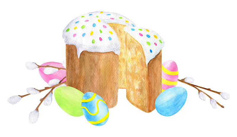 蛋糕,鸡蛋,飞絮柳,传统,复活节蛋糕,糖衣,切片食物,枝,糖,水彩画