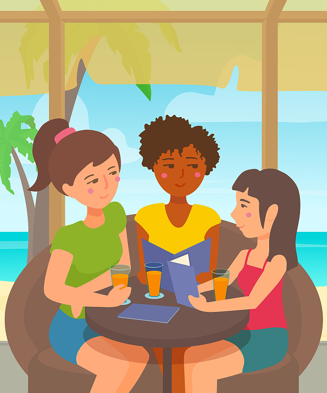 菜单,三个人,餐馆,海滩,女孩,拿着,面对面,有序,热带气候,晴朗