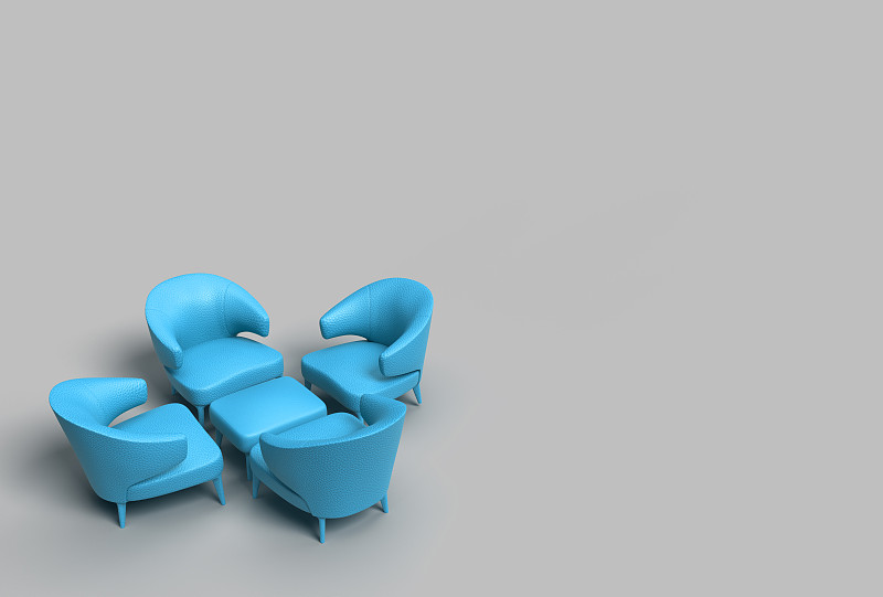 留白,蓝色,桌子,概念,会议,三维图形,沙发,灰色背景,一个物体,面对面