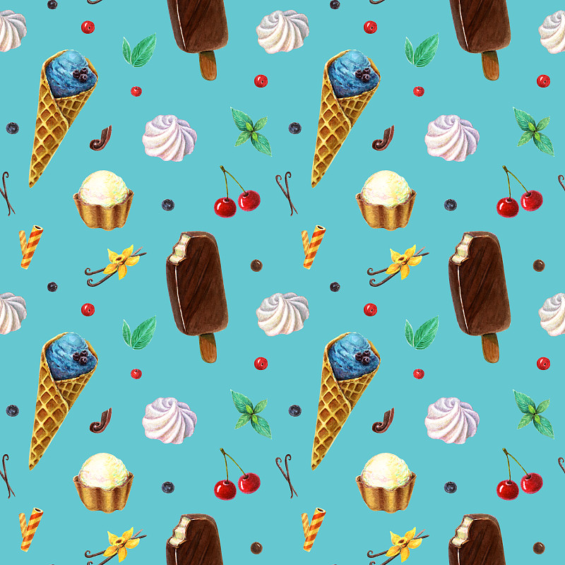 四方连续纹样,水果,冰淇淋,冰淇淋蛋卷,蓝色,背景幕,棍,水彩画,分离着色,可爱的