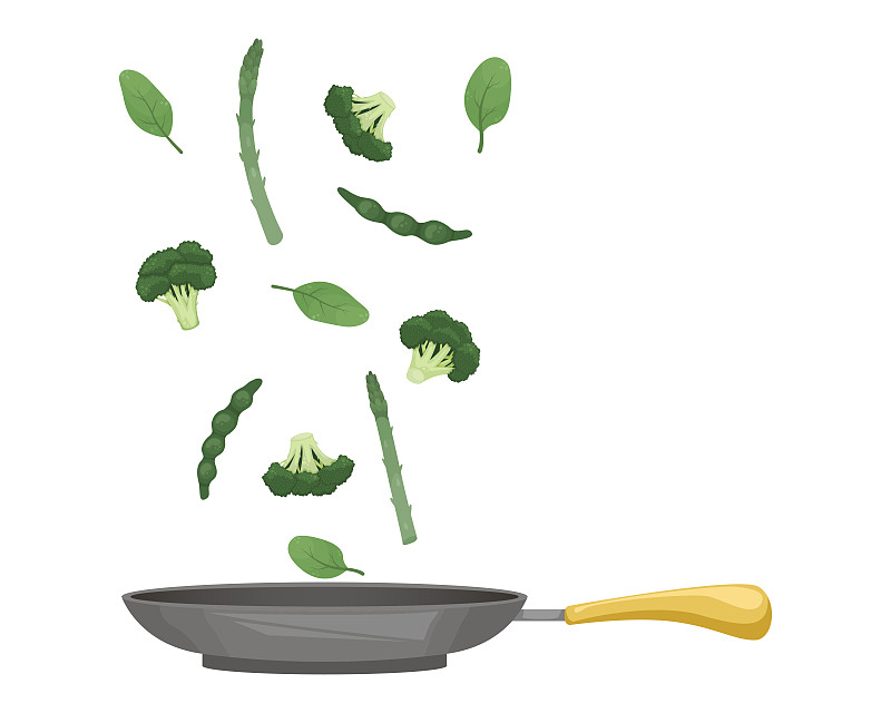 西兰花,青豆,芦笋,绘画插图,矢量,菠菜,公亩,平坦的,锅,油炸