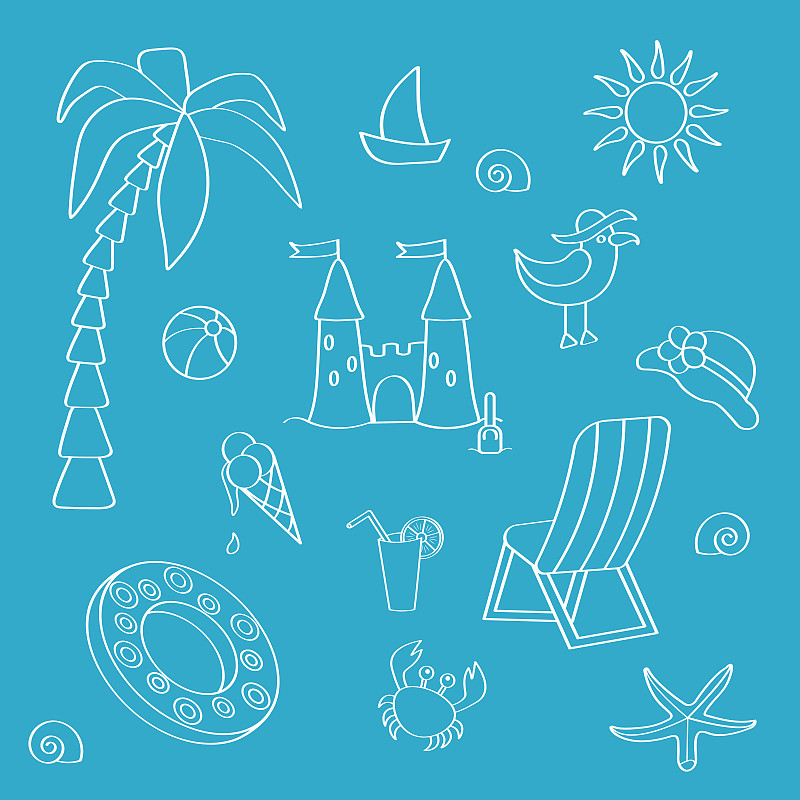 轮廓,冰淇淋,棕榈树,海星,矢量,螃蟹,夏天,海洋,白色,度假