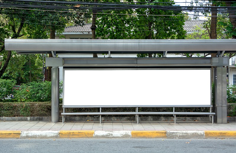 布告栏,空白的,白色,园林,公共汽车站,背景,前面,地平线