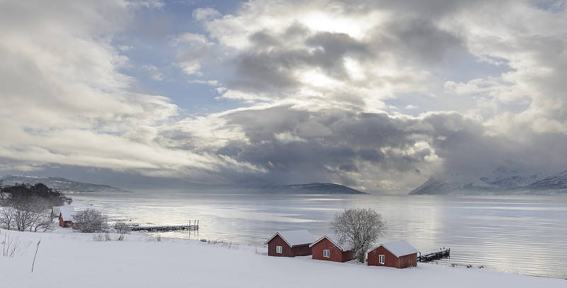 峡湾,冬天,北挪威,棚,海滩,渔业,云,挪威海,暴风雨,户外