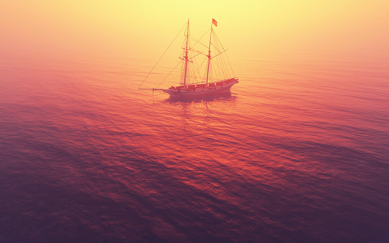 绘画插图,高桅横帆船,船,海洋,三维图形,日落