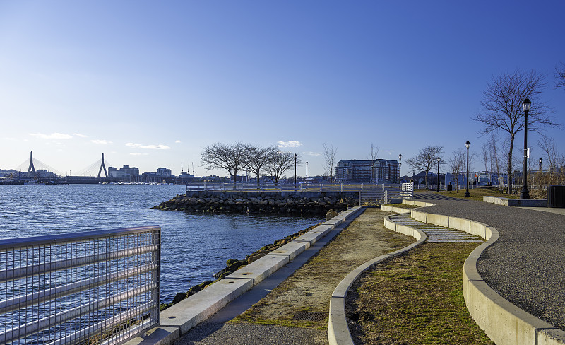 河岸,小路,弯的,波士顿港,草坪,城市生活,视角,海港,环境,弯曲