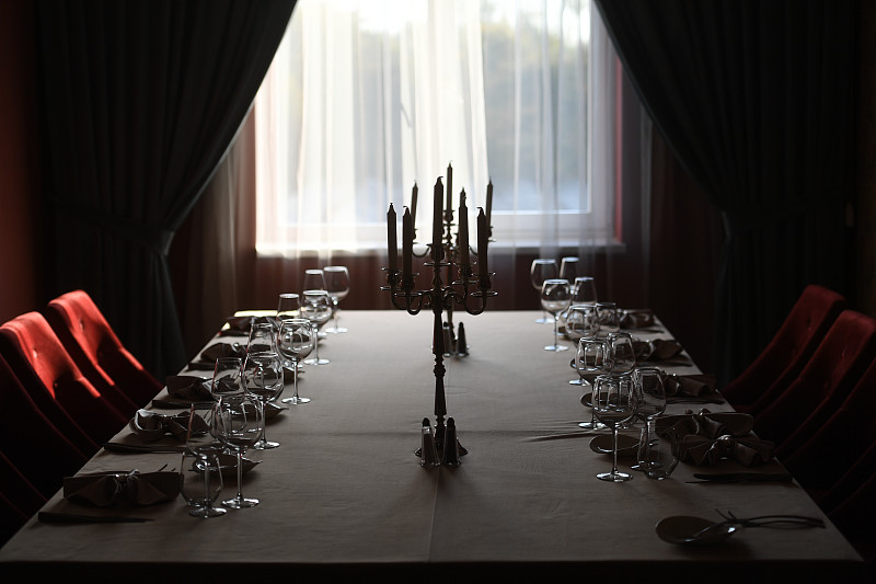 高雅,晚餐,餐位,水晶玻璃器皿,事件,空的,暗色,窗帘,华贵,罗马尼亚