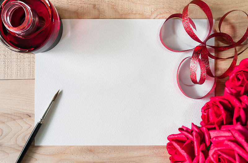 画笔,平铺,花束,红色,木制,玫瑰,桌子,纸,情人节,墨水