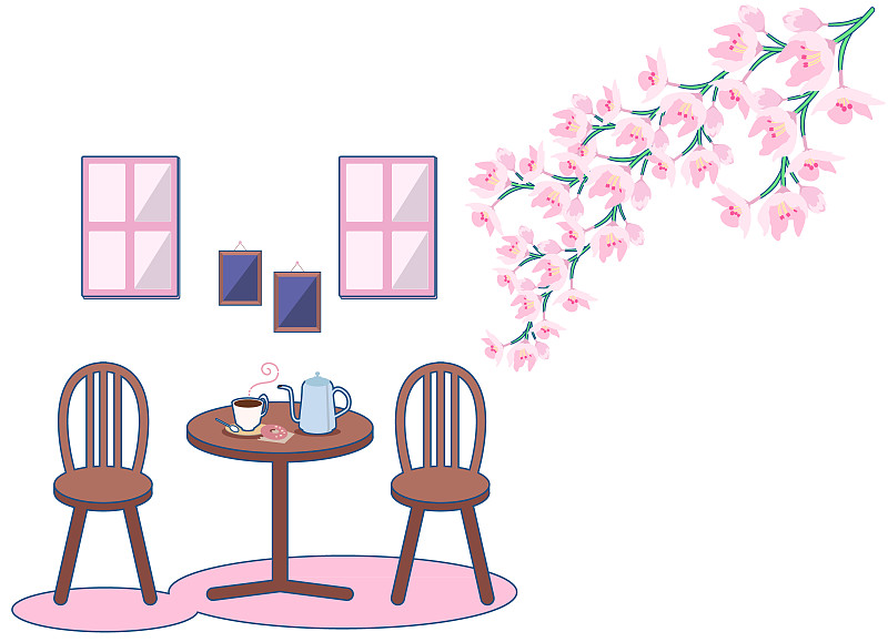 风景,樱花,咖啡馆,饮料,菜单,咖啡杯,杯,食品,人类居住地,椅子